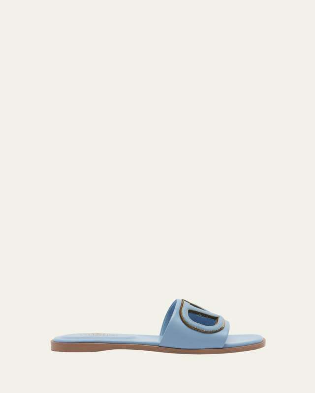 VLogo Leather Cutout Flat Slide Sandals